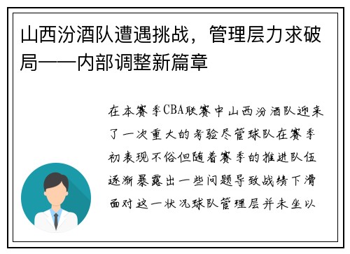 山西汾酒队遭遇挑战，管理层力求破局——内部调整新篇章