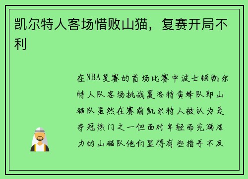 凯尔特人客场惜败山猫，复赛开局不利