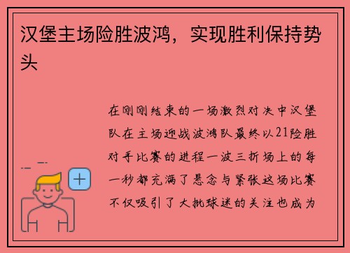 汉堡主场险胜波鸿，实现胜利保持势头
