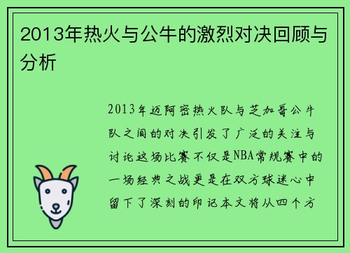 2013年热火与公牛的激烈对决回顾与分析