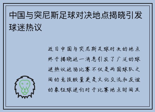 中国与突尼斯足球对决地点揭晓引发球迷热议