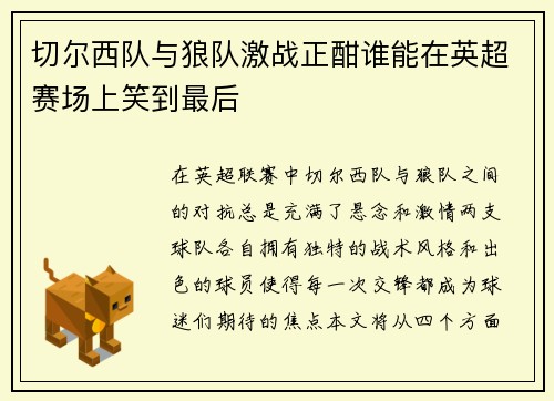 切尔西队与狼队激战正酣谁能在英超赛场上笑到最后
