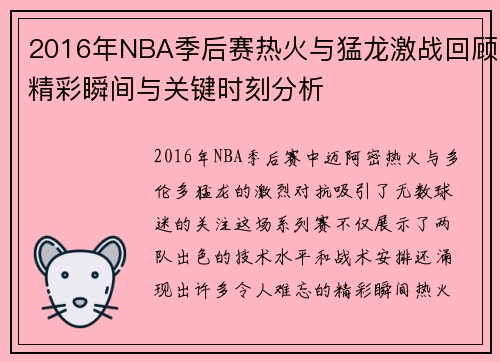 2016年NBA季后赛热火与猛龙激战回顾精彩瞬间与关键时刻分析