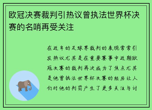 欧冠决赛裁判引热议曾执法世界杯决赛的名哨再受关注