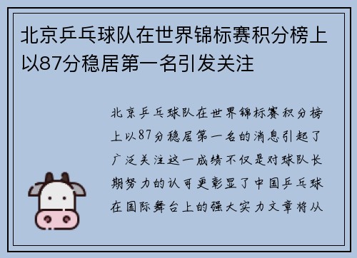 北京乒乓球队在世界锦标赛积分榜上以87分稳居第一名引发关注