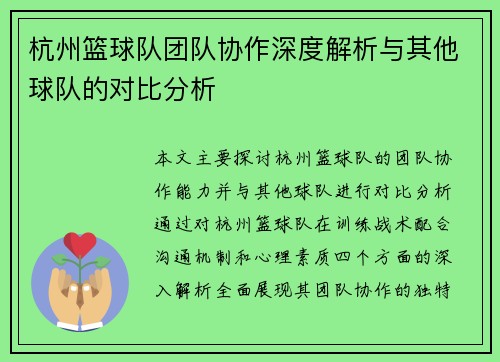 杭州篮球队团队协作深度解析与其他球队的对比分析