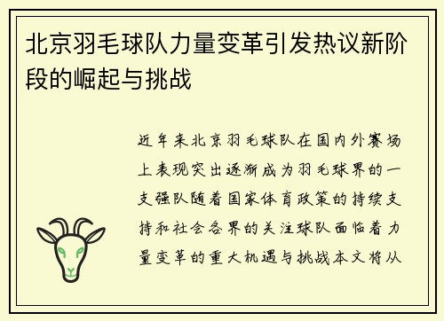 北京羽毛球队力量变革引发热议新阶段的崛起与挑战